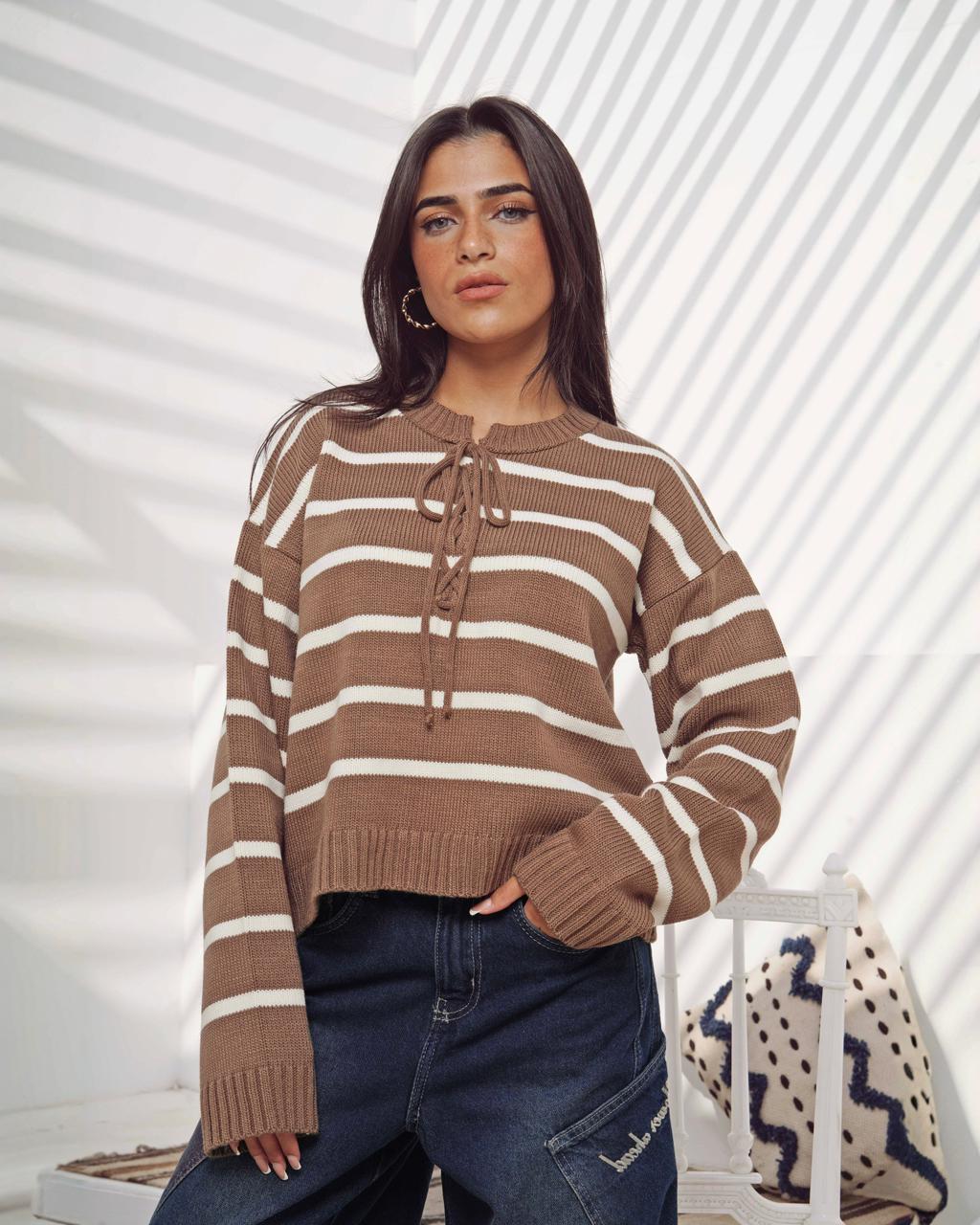 Striped Lace-Up Knit Sweater