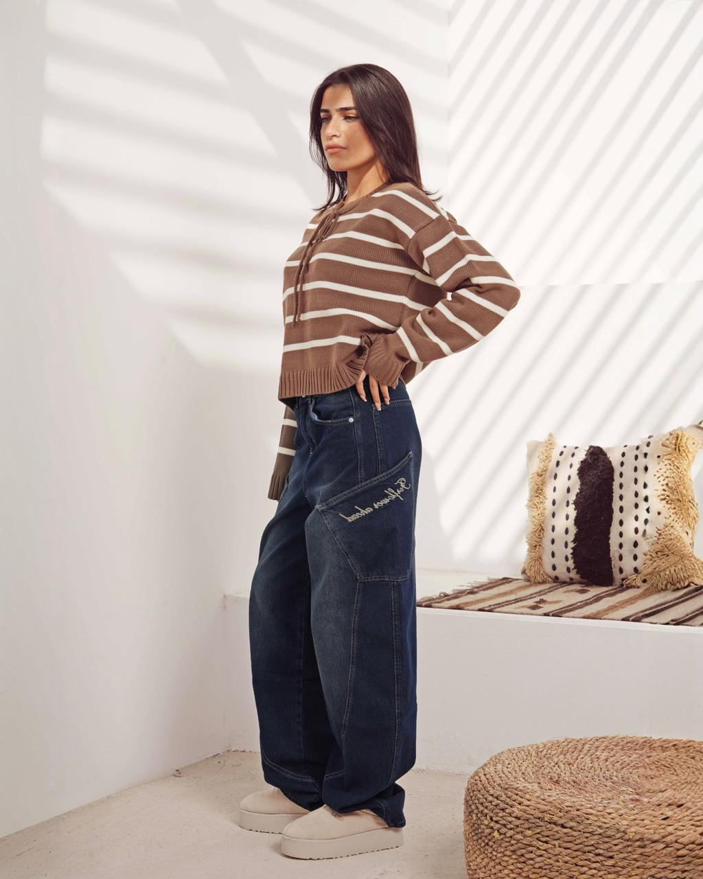 Striped Lace-Up Knit Sweater