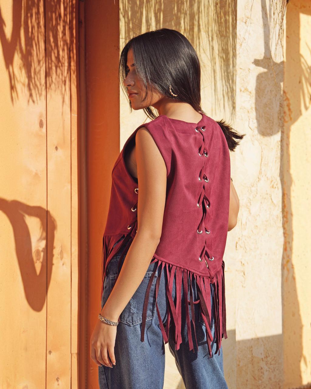 Lace-up Fringe Vest